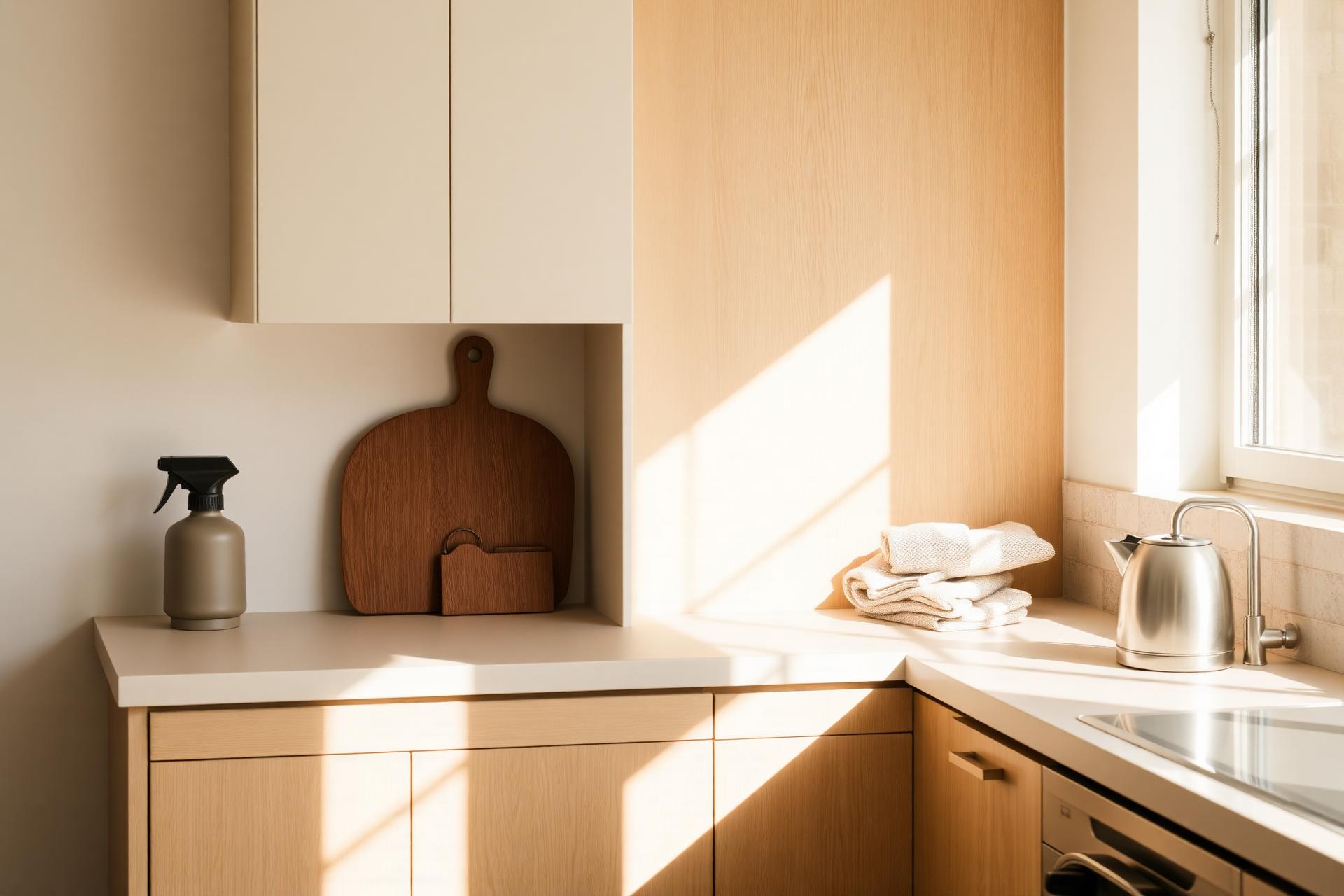 A sunlit modern kitchen with a kettle, cleaning spray and folded cloths